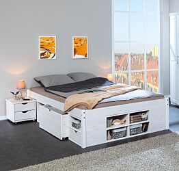 Pratico Letto in pino, 180 x 200, verniciato bianco, con vani contenitore e comodino incluso