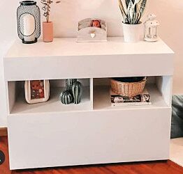 Madia economica, 1 anta ribalta 1 cassetto, finitura Bianco laccato lucido