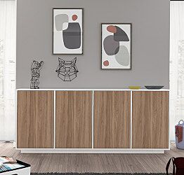 Credenza in appoggio in finitura bianco lucido e noce caracalla