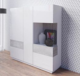 Vetrina di design H.139 moderna, finitura cemento e bianco lucido