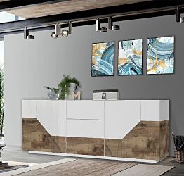Credenza geometrica 4 ante e 3 cassetti, colore Bianco lucido e Pero 