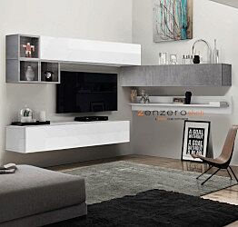 Mobili tv angolare, parete attrezzata ad angolo Kora tv, finitura Beton, Gesso e Bianco Lucido