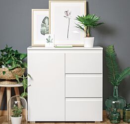 Conveniente credenza  1 anta e 3 cassetti, colore Bianco opaco 