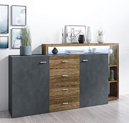  Credenza multiuso 2 ante e 4 cassetti, noce e antracite spatolato