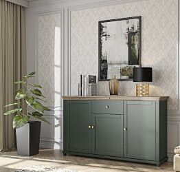 Madia 3 ante e 1 cassetto, finitura verde scuro e quercia