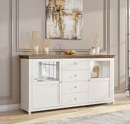 Madia elegante 2 ante e 4 cassetti, finitura bianco frassinato e rovere