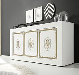 Madia Moderna, 3 ante, bianca laccata lucida con serigrafia oro, Made in Italy