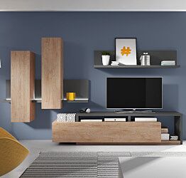 Parete attrezzata moderna, rovere rustico e antracite 