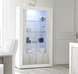 Vetrina moderna con 3 ripiani in vetro e 2 ante, finitura Bianca Lucida e Pino Bianco