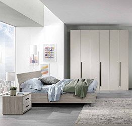 Camera  da letto completa, finitura grigio resina e tortora chiaro, con armadio battente 6 ante, made in Italy