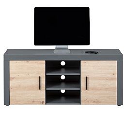 Porta TV con 2 ante e 3 ripiani, colore  quercia con scocca grigio antracite