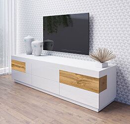 Capiente Porta TV L.206, bianco lucido e rovere naturale 