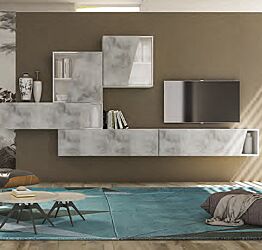 Parete attrezzata Bianco Frassinato con frontali in finitura Cemento, Made in Italy