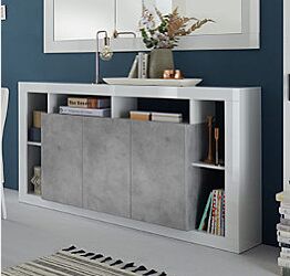 Madia scontata a 3 ante, finitura Bianco lucido e cemento, Made in Italy