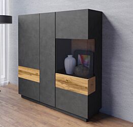 Vetrina bassa moderna, colore antracite e rovere naturale