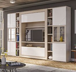 Parete attrezzata di grandi dimensioni, finitura Olmo Perla e Bianco Lucido, con antine centrali in vetro, made in Italy