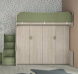 Conveniente Letto a soppalco con armadio inferiore in finitura Noce brina e Oliva