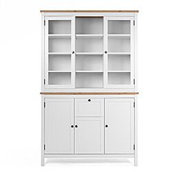 Madia credenza con 3 ante 2 ante in vetro e 1 cassetto finitura bianco opaco e top in quercia