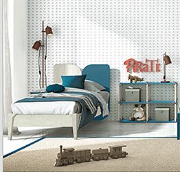 Letto singolo con testata bicolore in finitura Cadaques e Rovere gesso