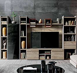 Parete attrezzata di alta qualità in finitura Grigio seta, Miele, Quercia e Rosso ossido