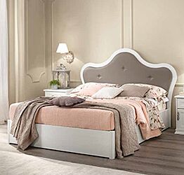 Letto matrimoniale contenitore Elisabetta con testata retrofinita imbottita in ecopelle in finitura Bucaneve e Tenda