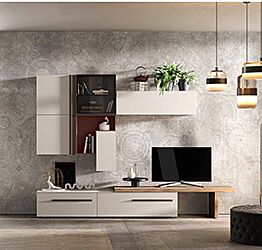 Parete attrezzata moderna Tekapo in finitura Cachemire, Noce naturale e Rosso siena 