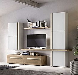 Parete attrezzata moderna Yamdrok in finitura Noce bianco e Noce naturale