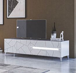 Porta TV a 2 ante, 1 cassetto e 1 ribalta, con dettagli geometrici