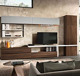 Parete attrezzata Arkas in finitura Frassinato bianco, Quercia brown e Grigio opaco