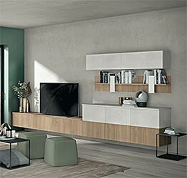 Parete attrezzata con pannelli attrezzati in finitura Royal Oak e Cemento artico 