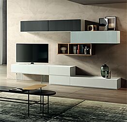 Parete attrezzata Venere  in finitura Frassinato bianco, Rovere nordico, Vetro grigio e Vetro antracite