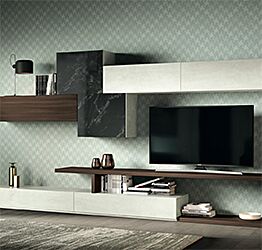 Parete attrezzata Marte in finitura Bianco calce, Quercia brown e Vetro marmo dark