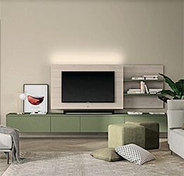 Parete attrezzata con pannelli attrezzati in finitura Noce brina e Oliva