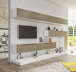 Parete attrezzata finitura Bianco Frassino, elementi sospesi e in appoggio con frontali in finitura Visone Zenzero Shop