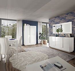 Soggiorno bianco lucido con tavolo, credenza e colonna