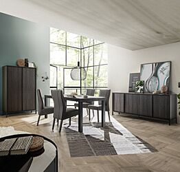 Soggiorno moderno, sala da pranzo moderna, composta da madie e tavolo, frassinato nero