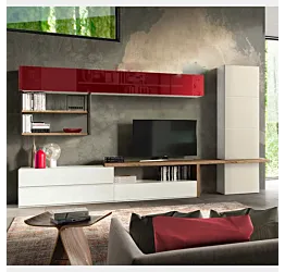 Soggiorno moderno Zenzero, parete attrezzata Arkas in finitura Frassinato bianco, Rovere Nordico, Terra opaco e Vetro Rosso