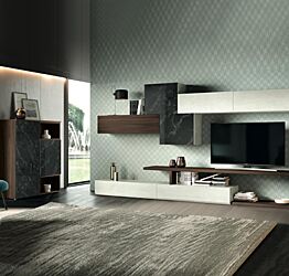 Soggiorno Rosetta con parete attrezzata e madia  in finitura Bianco calce, Quercia brown e Vetro marmo dark