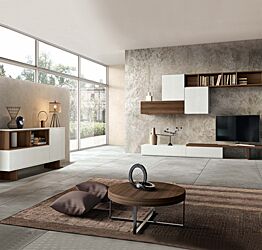 Soggiorno moderno Pacman con parete attrezzta e madia a 2 ante in finitura Bianco frassinato e Quercia brown