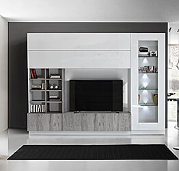 Parete attrezzata con vetrina e libreria in finitura grigia e bianco lucido