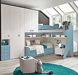 Cameretta soppalco angolare con passerella, finitura Bianco frassino, Celeste e Gessato cenere