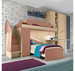 Soppalco camerette con due posti letto e scaletta contenitiva, finitura Rovere ambra, Blu reale e Rosa antico