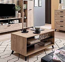 Tavolino soggiorno con piedini, finirura Rovere e Nero