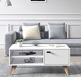 Tavolino Ankara, un'anta e un ripiano in finitura Bianco e Rovere