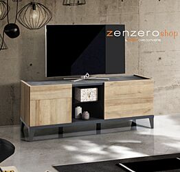 Porta Tv industry con una ribalta, un'anta e un ripiano in finitura Antracite e Rovere