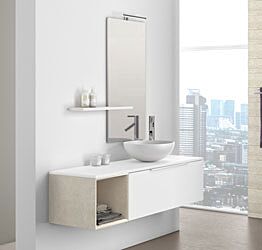 Composizione bagno sospesa Bianco con cubotto in pietra naturale Beige