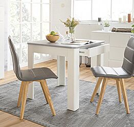 Tavolo moderno quadrato con cassetto, finitura Bianco con piano Cemento