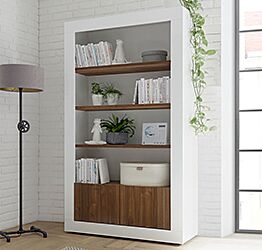 Libreria moderna con 3 ripiani e 2 ante, finitura Bianca Lucida e Noce Dark