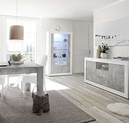 Sala completa di design con Madia, Vetrina e Tavolo allungabile, finitura bianco lucido e cemento