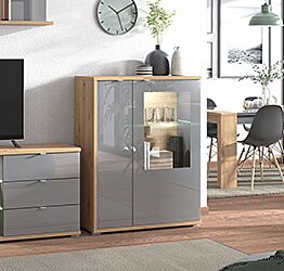 Vetrina bassa con ante vetro grigio, finitura Grafite e Rovere